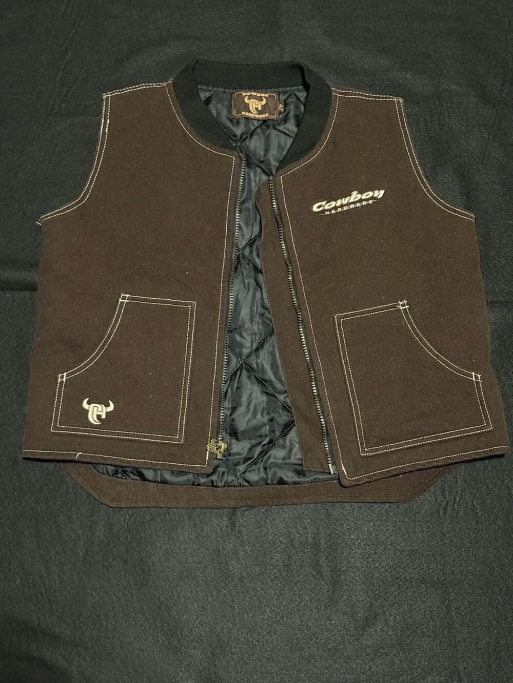 Cowboy Hardware Brown Quilted Canvas Vest with Country Born & Raised Graphic Bac